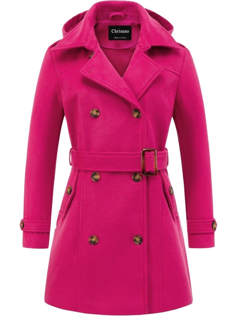 Women's Rose Red Detachable Hood Double Breasted Belted Mid-Length Trench Coat